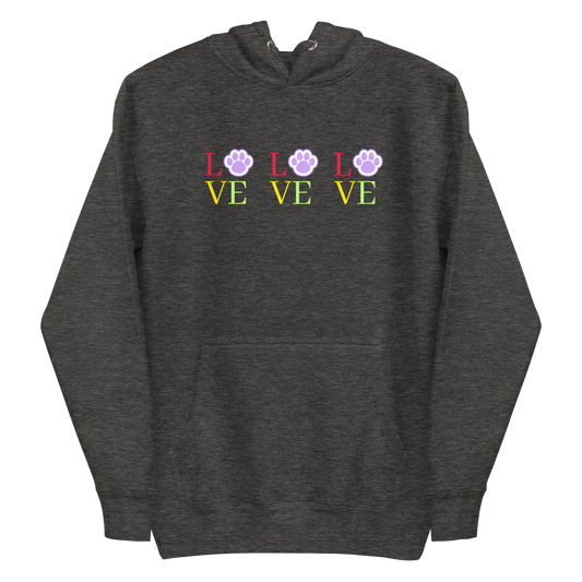 A charcoal heather men's premium hoodie featuring the word 'LOVE' repeated three times across the chest. In each word, the letter 'O' is replaced by a paw print.
