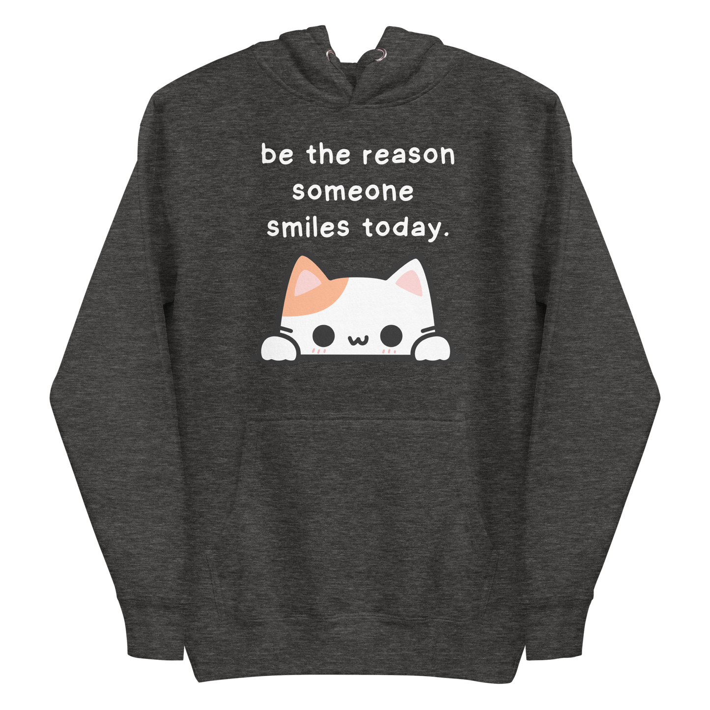 A charcoal heather men's premium hoodie featuring a graphic of a cute white and orange & white cat peeking over a ledge. Above the cat is the text 'be the reason someone smiles today'.