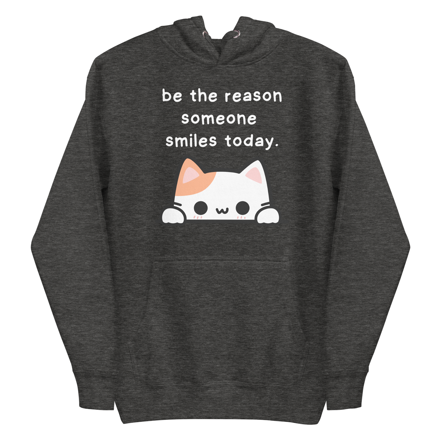 A charcoal heather women's premium hoodie featuring a graphic of a cute white and orange cat peeking over a ledge. Above the cat is the text 'be the reason someone smiles today'.