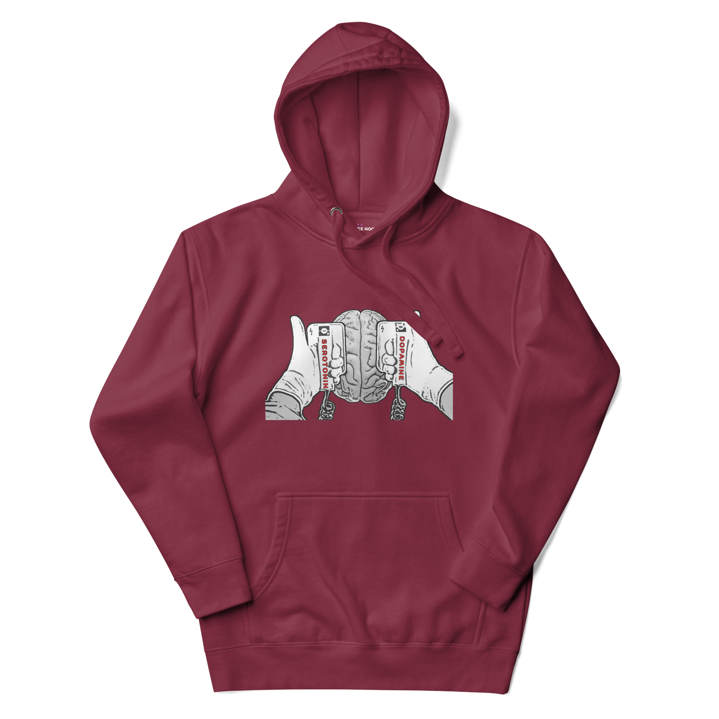 A maroon women's hoodie with a graphic illustration of a mind being energized by two paddles labeled Serotonin and Dopamine.