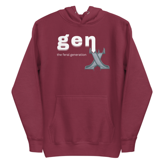 A maroon men's hoodie featuring the text 'GenX The Feral Generation' and a stylized "X" graphic made from 70's style playground slides.