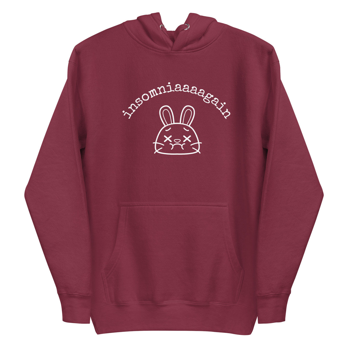 A maroon women's graphic hoodie featuring a cartoon bunny with tired eyes and the text 'insomniaaaa again'.