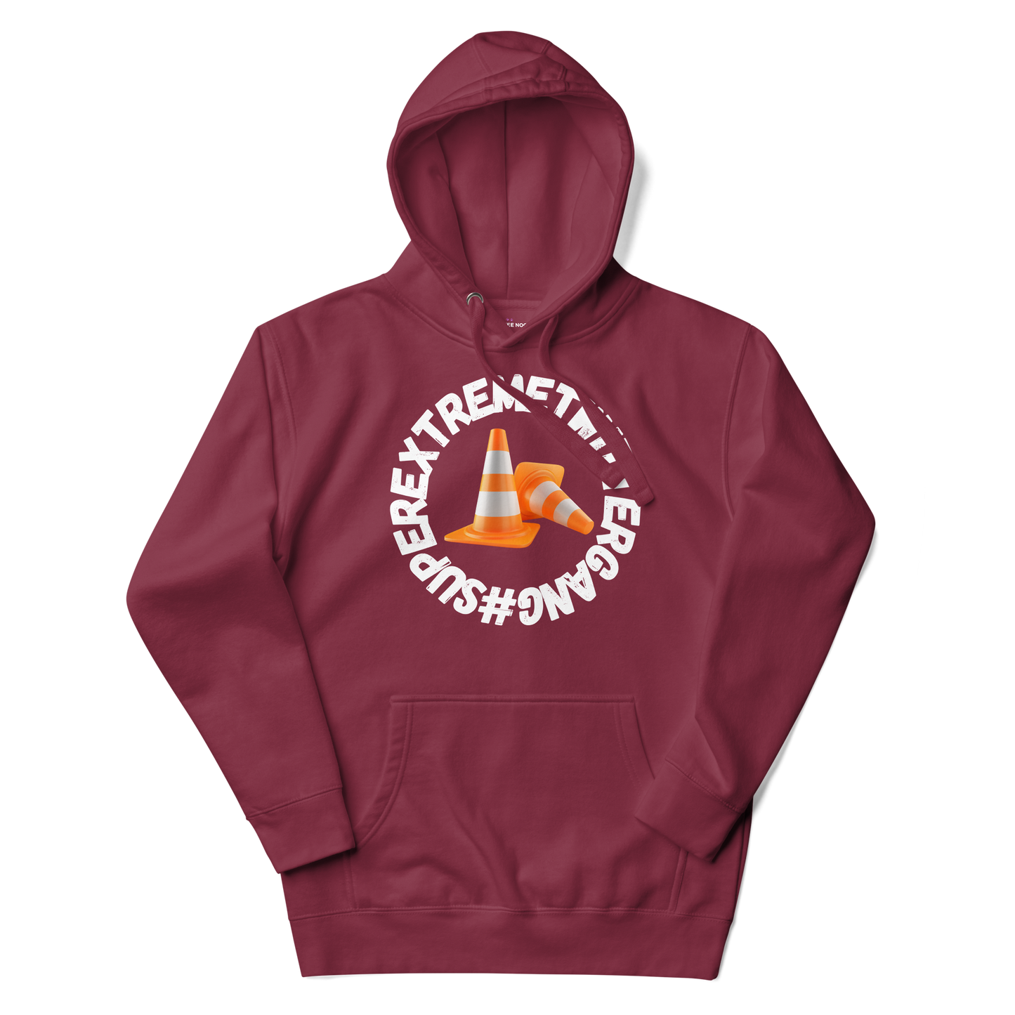 A maroon women's hoodie featuring the ConeSec logo: the text '#SUPEREXTREMETWITTERGANG' surrounding two orange traffic cones.