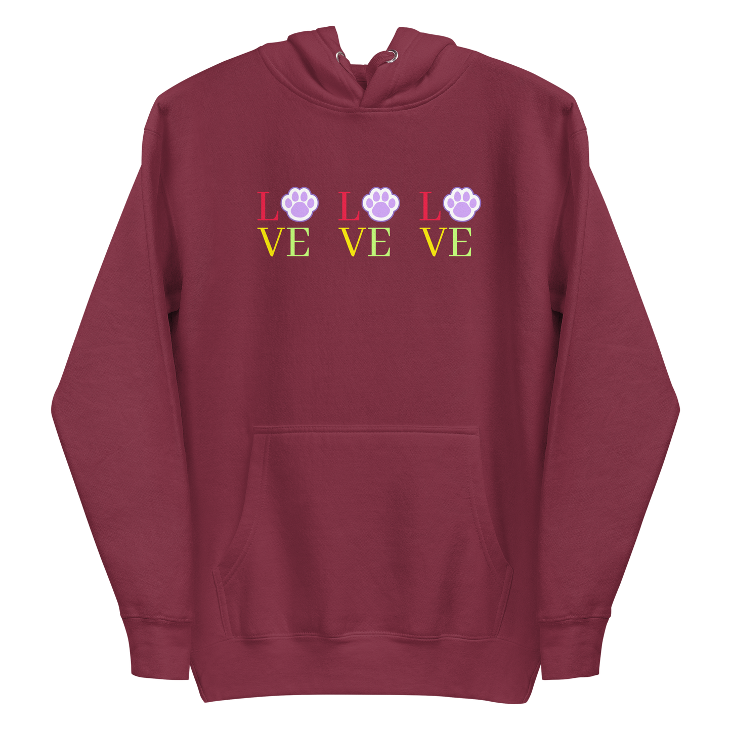 A maroon men's premium hoodie featuring the word 'LOVE' repeated three times across the chest. In each word, the letter 'O' is replaced by a paw print.