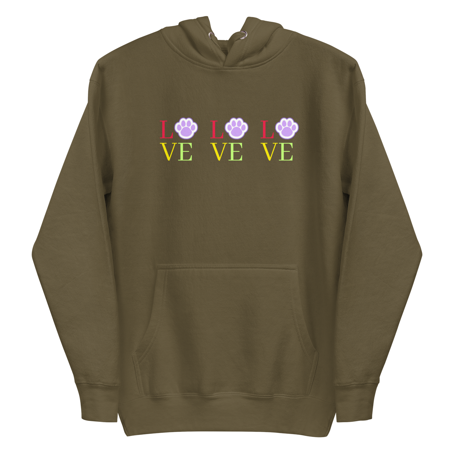 A military green premium hoodie featuring the word 'LOVE' repeated three times across the chest in pastel colors. In each word, the letter 'O' is replaced by a paw print.