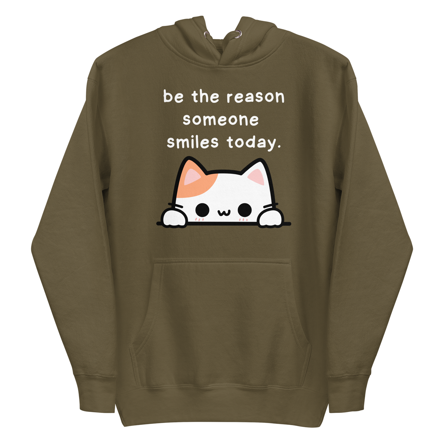 A military green men's premium hoodie featuring a graphic of a cute white and orange & white cat peeking over a ledge. Above the cat is the text 'be the reason someone smiles today'.