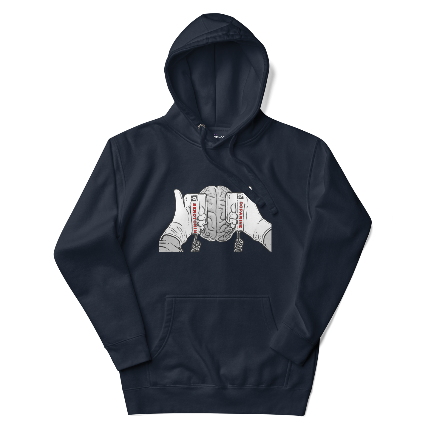 A navy blazer women's hoodie with a graphic illustration of a mind being energized by two paddles labeled Serotonin and Dopamine.