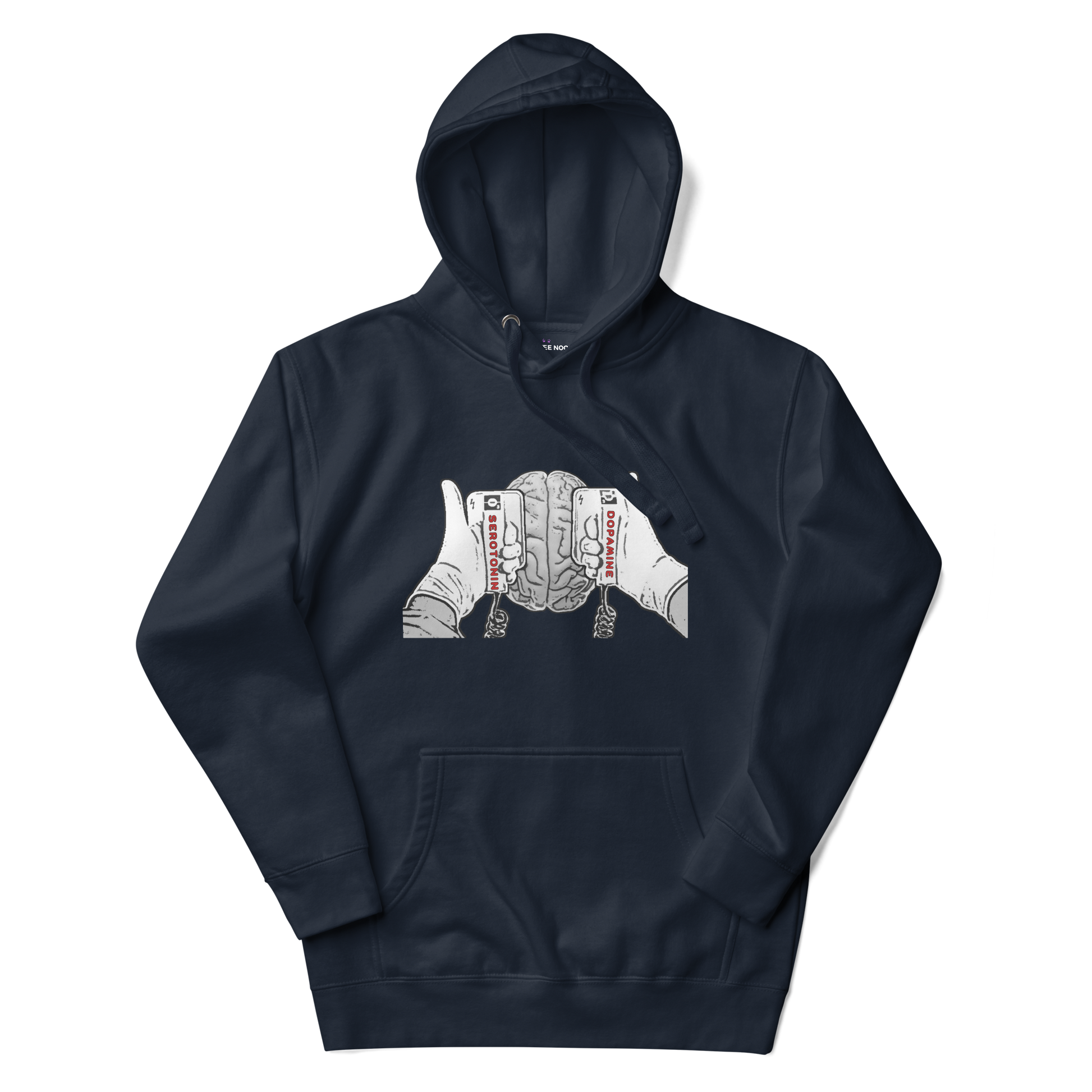 A navy blazer women's hoodie with a graphic illustration of a mind being energized by two paddles labeled Serotonin and Dopamine.