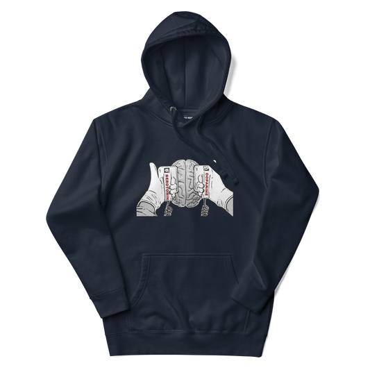 A navy blazer women's hoodie with a graphic illustration of a mind being energized by two paddles labeled Serotonin and Dopamine.