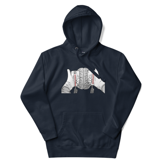 A navy blazer men's hoodie with a graphic illustration of a mind being energized by two paddles labeled Serotonin and Dopamine.