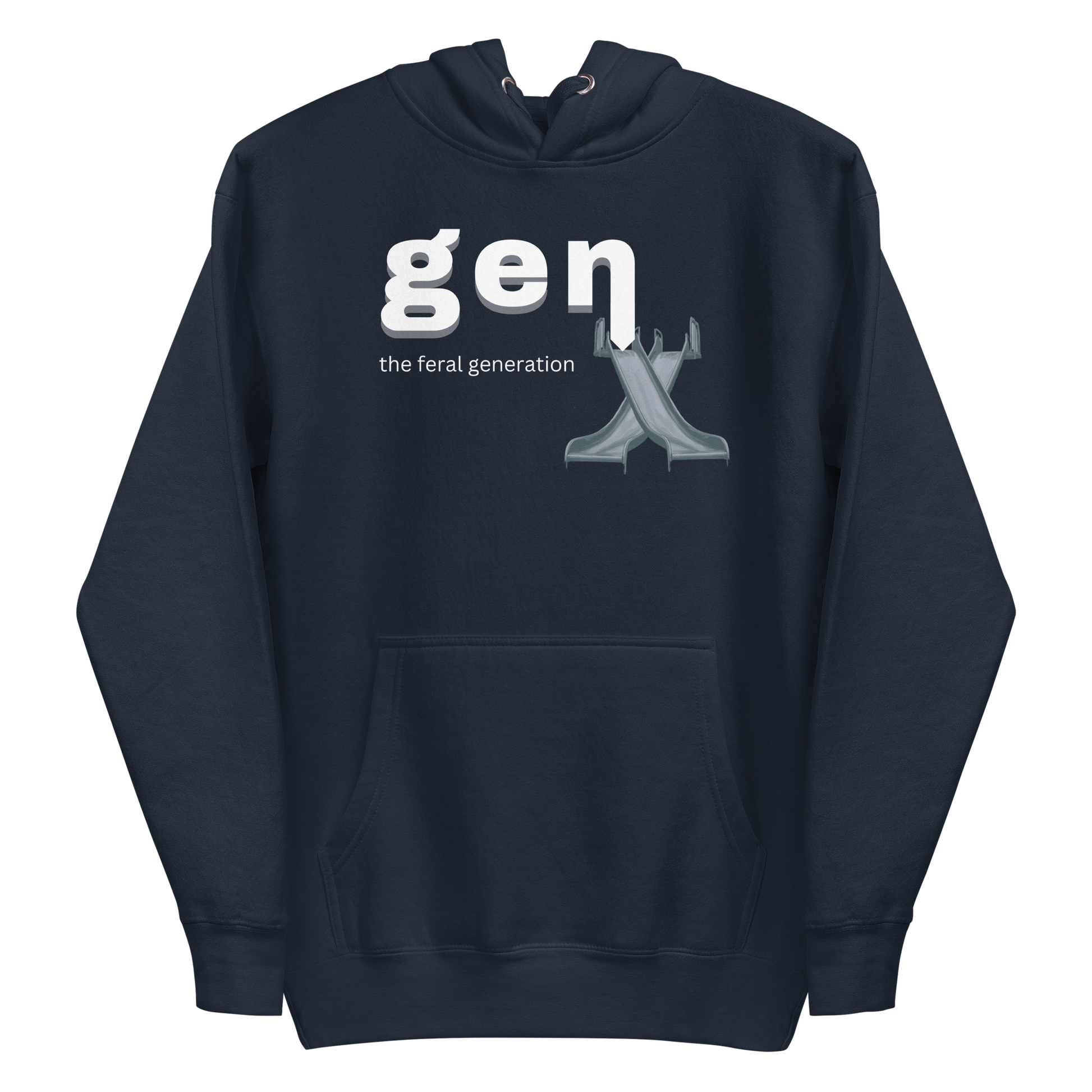 A navy blazer men's hoodie featuring the text 'GenX The Feral Generation' and a stylized "X" graphic made from 70's style playground slides.