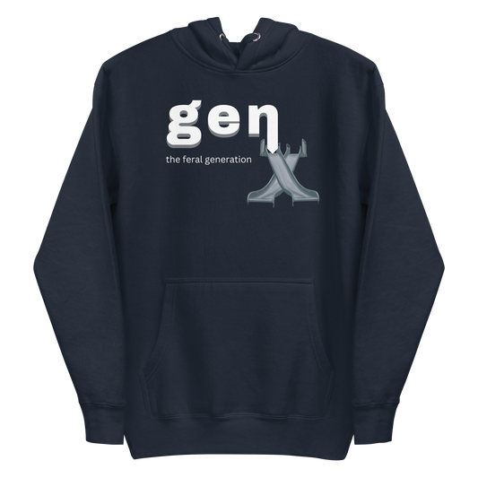 A navy blazer men's hoodie featuring the text 'GenX The Feral Generation' and a stylized "X" graphic made from 70's style playground slides.