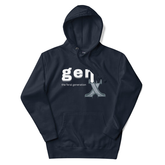 A navy blazer women's hoodie featuring the text 'GenX The Feral Generation' and a stylized "X" graphic made from 70's style playground slides.