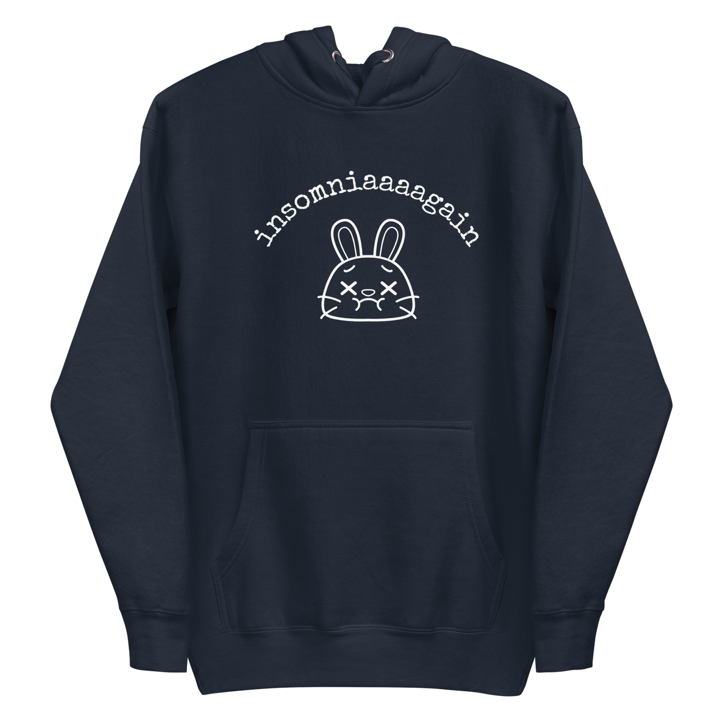 A navy blazer women's graphic hoodie featuring a cartoon bunny with tired eyes and the text 'insomniaaaa again'.