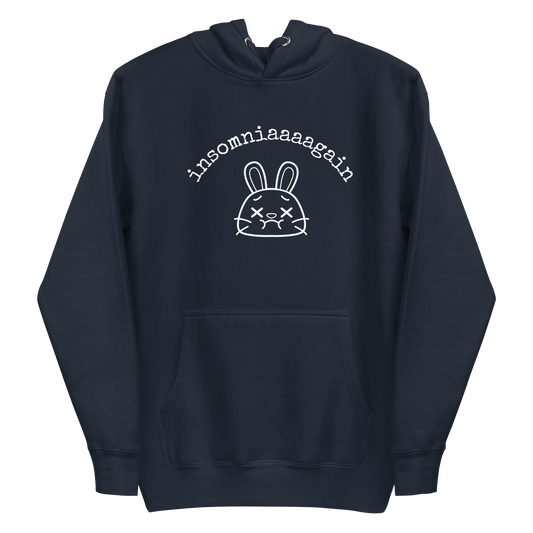 A navy blazer women's graphic hoodie featuring a cartoon bunny with tired eyes and the text 'insomniaaaa again'.