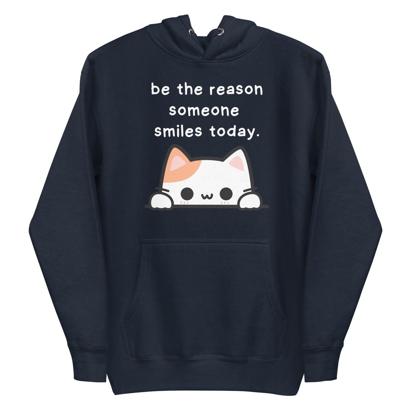 A navy blazer women's premium hoodie featuring a graphic of a cute white and orange cat peeking over a ledge. Above the cat is the text 'be the reason someone smiles today'.