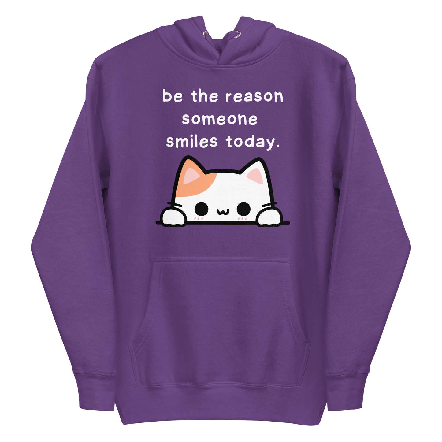A purple men's premium hoodie featuring a graphic of a cute white and orange & white cat peeking over a ledge. Above the cat is the text 'be the reason someone smiles today'.