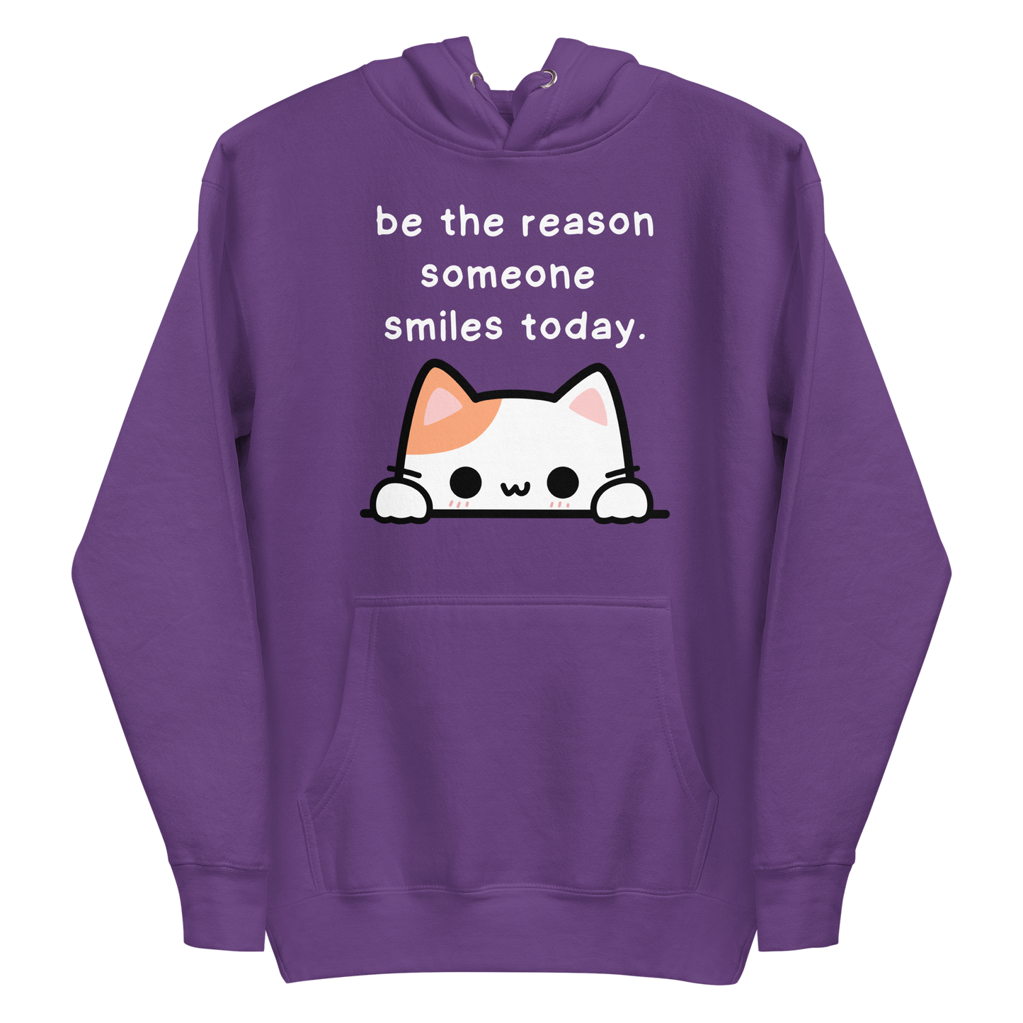 A purple women's premium hoodie featuring a graphic of a cute white and orange cat peeking over a ledge. Above the cat is the text 'be the reason someone smiles today'.