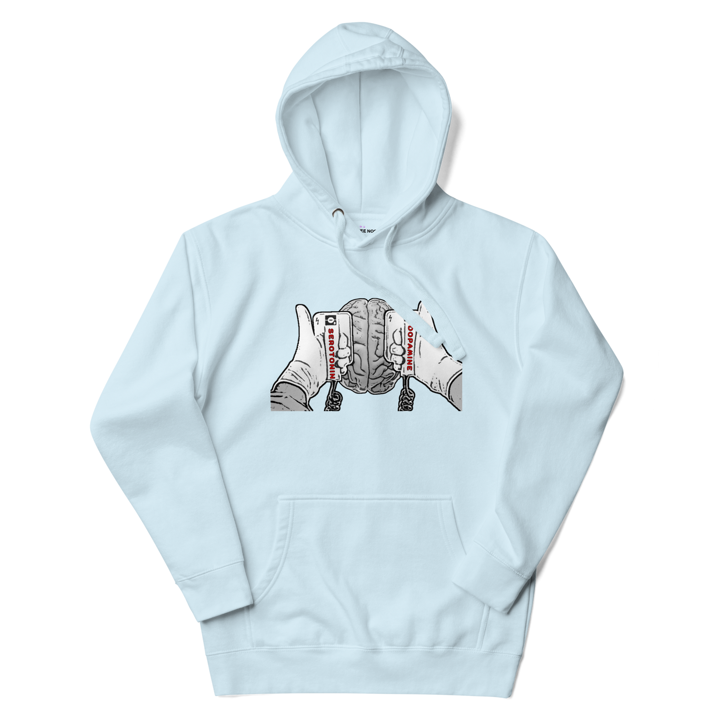 A sky blue men's hoodie with a graphic illustration of a mind being energized by two paddles labeled Serotonin and Dopamine.