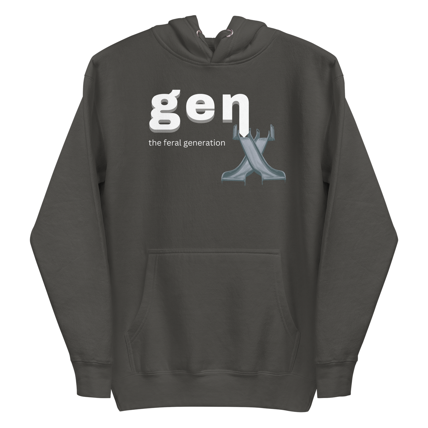 A vintage black men's hoodie featuring the text 'GenX The Feral Generation' and a stylized "X" graphic made from 70's style playground slides.