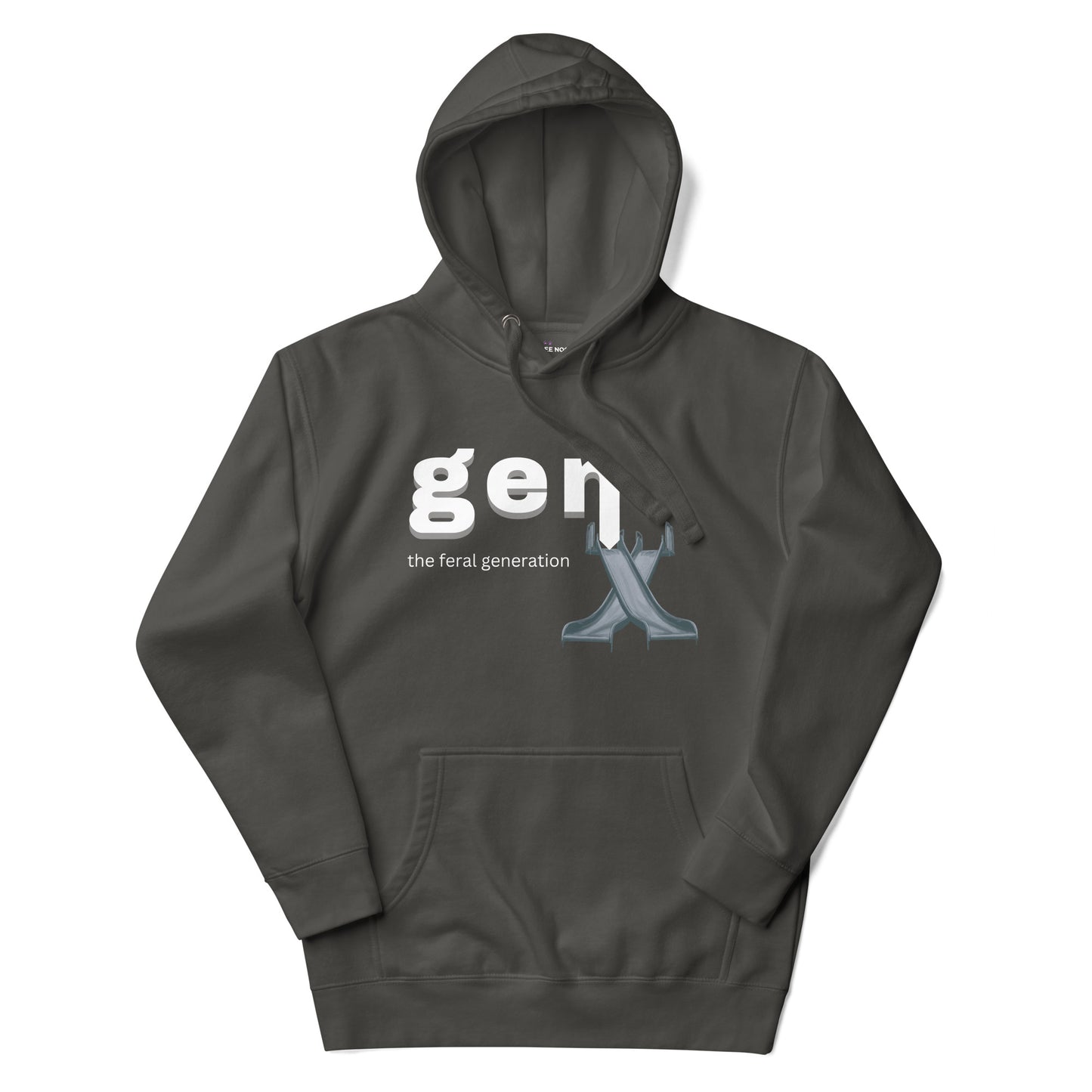 A vintage black women's hoodie featuring the text 'GenX The Feral Generation' and a stylized "X" graphic made from 70's style playground slides.