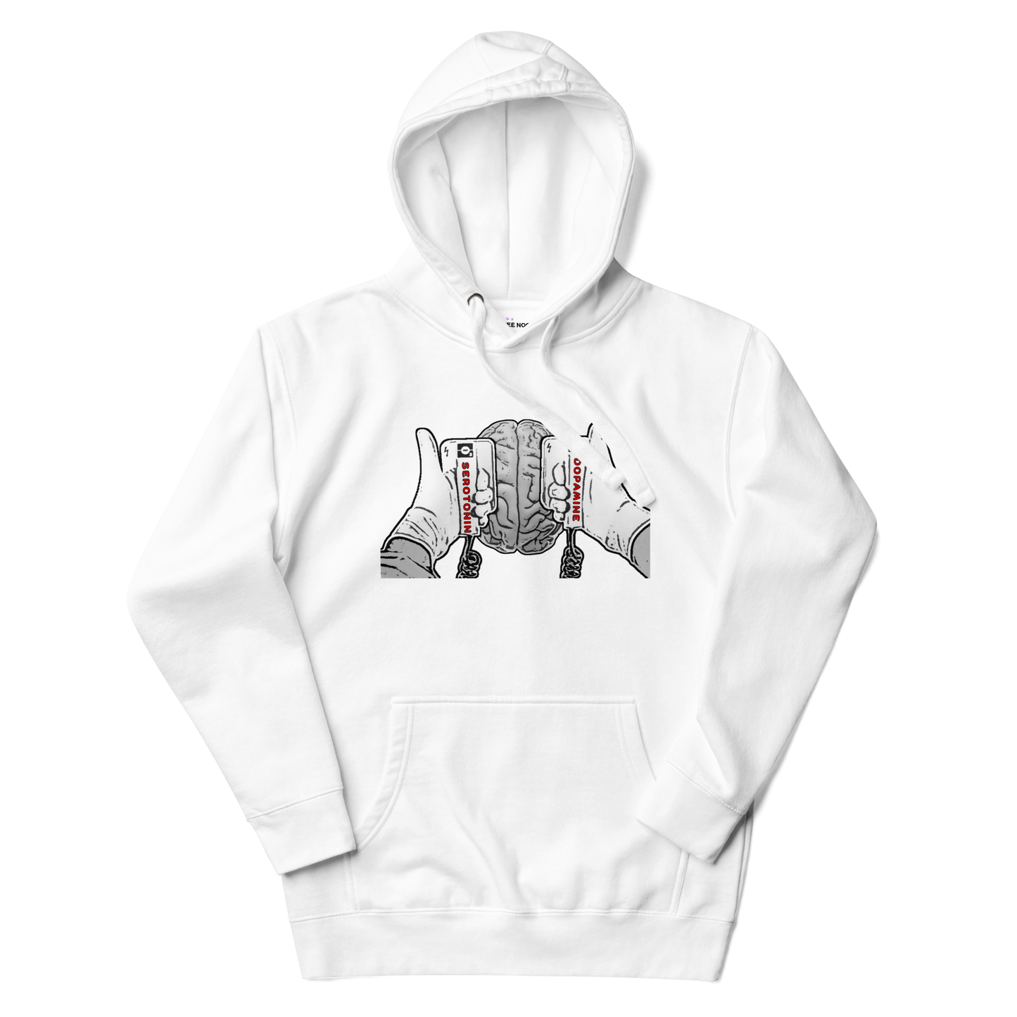 A white men's hoodie with a graphic illustration of a mind being energized by two paddles labeled Serotonin and Dopamine.