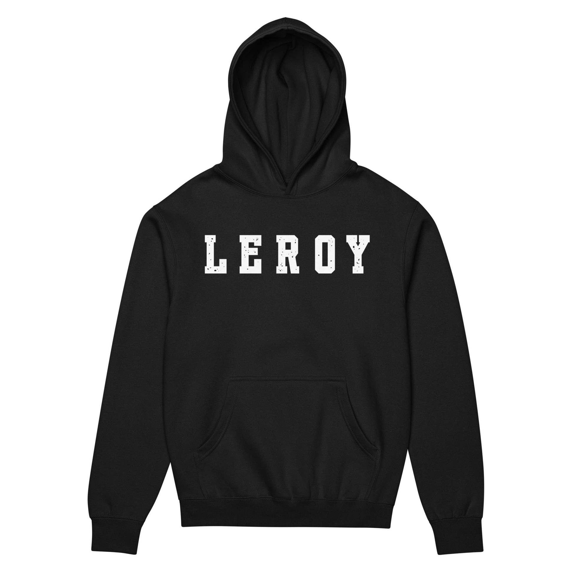 A black colored pullover hoodie featuring the name 'LEROY' printed horizontally across the chest in large, distressed white collegiate block letters. The hoodie includes a front kangaroo pocket and a ribbed waist and cuffs.