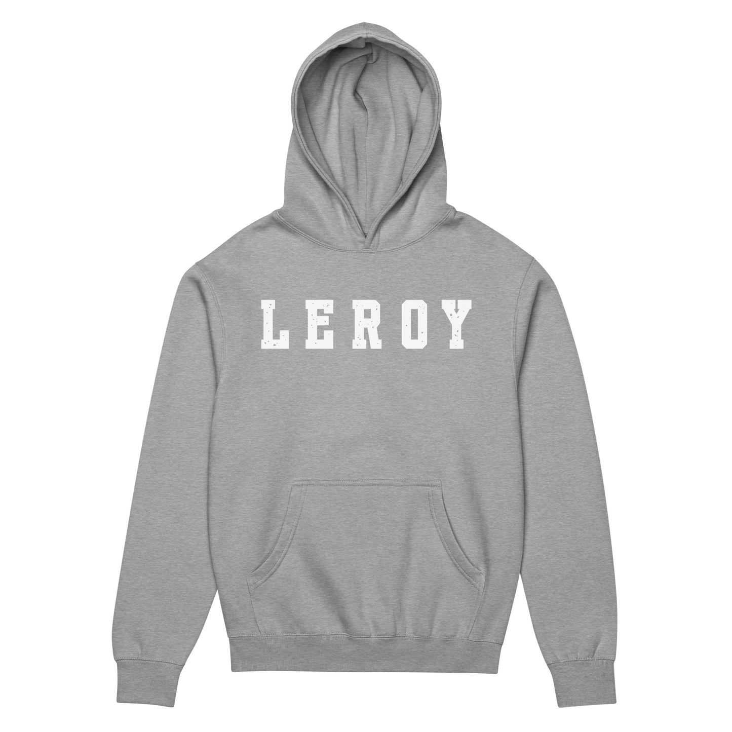 A carbon grey colored pullover hoodie featuring the name 'LEROY' printed horizontally across the chest in large, distressed white collegiate block letters. The hoodie includes a front kangaroo pocket and a ribbed waist and cuffs.
