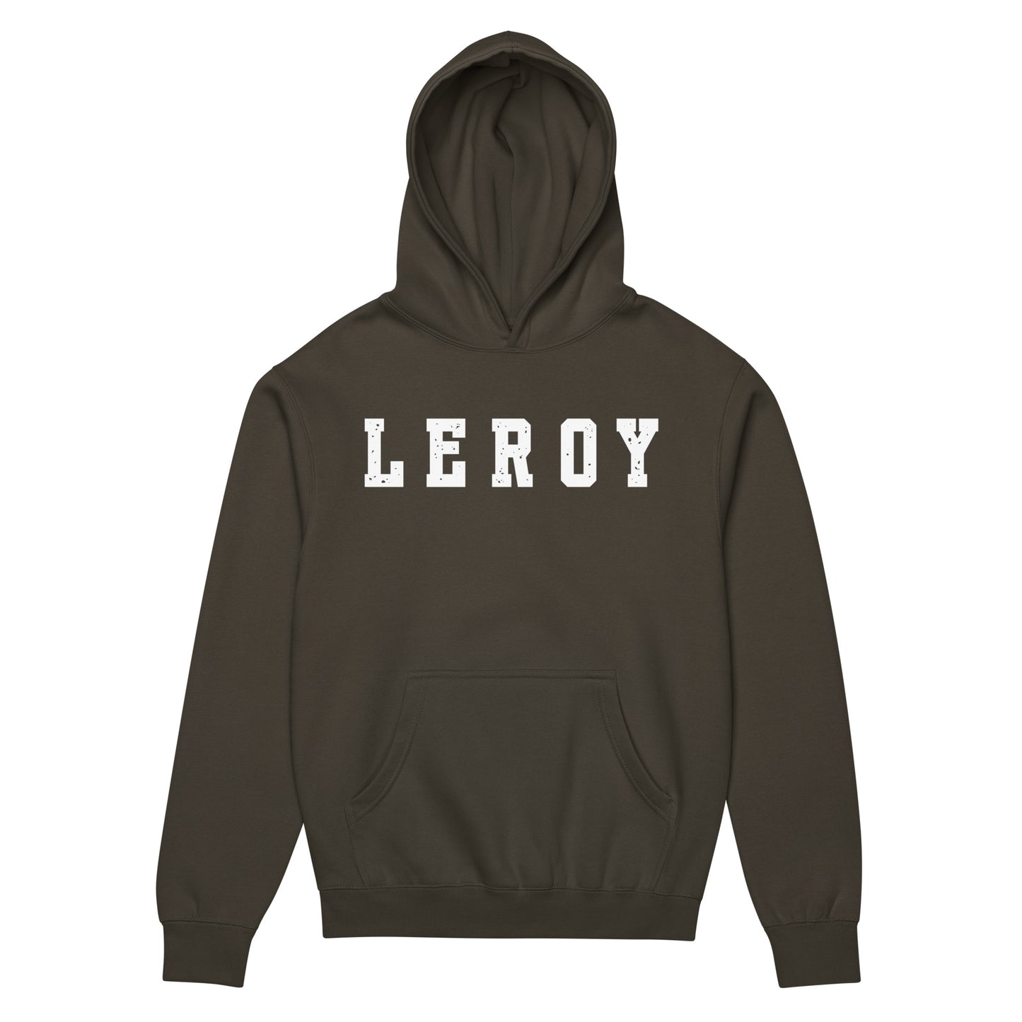 A vintage black colored pullover hoodie featuring the name 'LEROY' printed horizontally across the chest in large, distressed white collegiate block letters. The hoodie includes a front kangaroo pocket and a ribbed waist and cuffs.