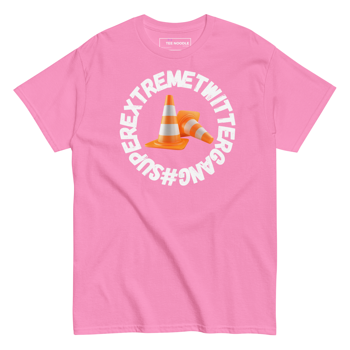 An azalea t-shirt featuring the ConeSec logo: the text '#SUPEREXTREMETWITTERGANG' surrounding two orange traffic cones.