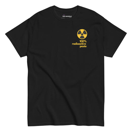 A black men's t-shirt featuring a stylized yellow graphic illustration inspired by vintage watch dial markings.