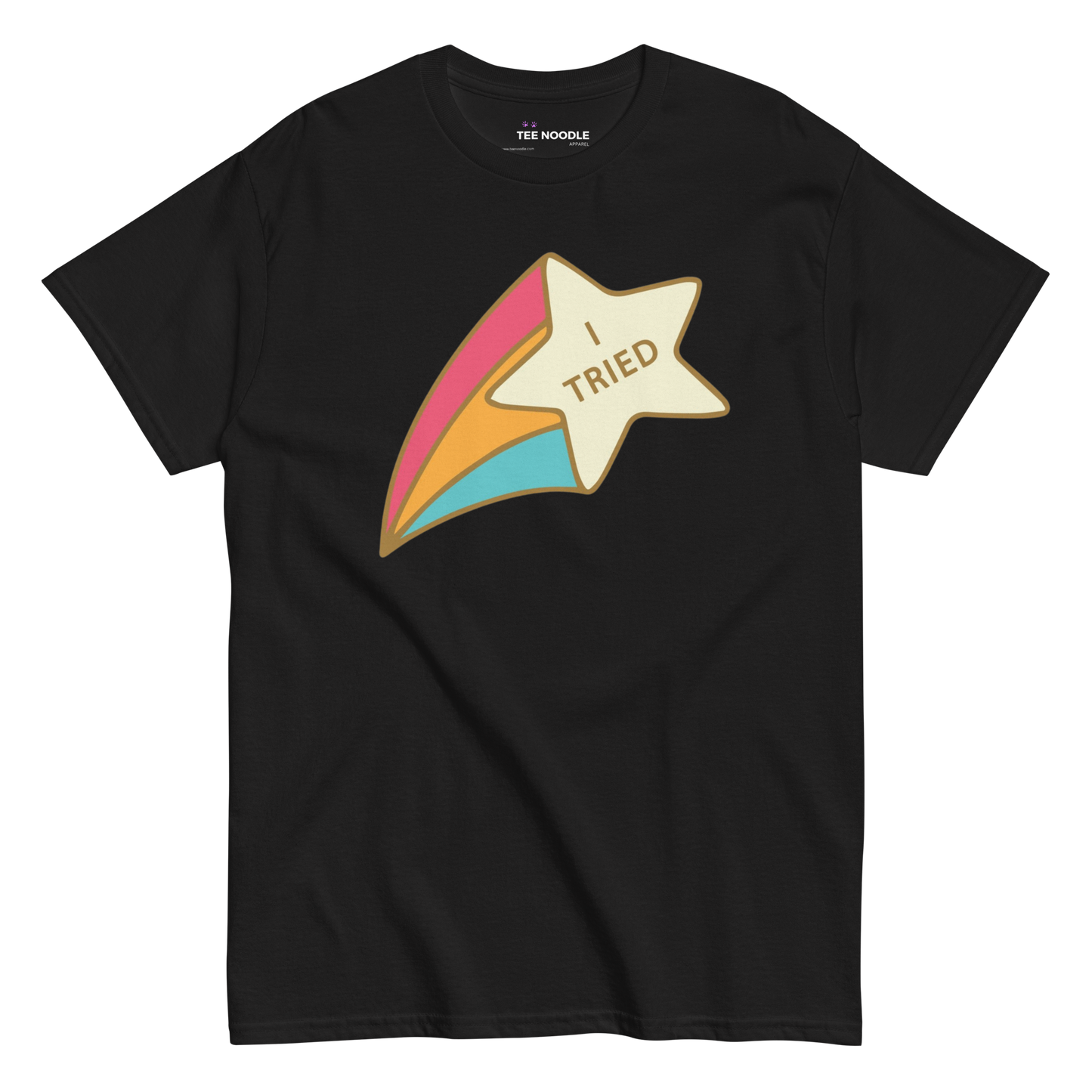 A black men's graphic t-shirt featuring a retro shooting star graphic with the text 'I Tried'.