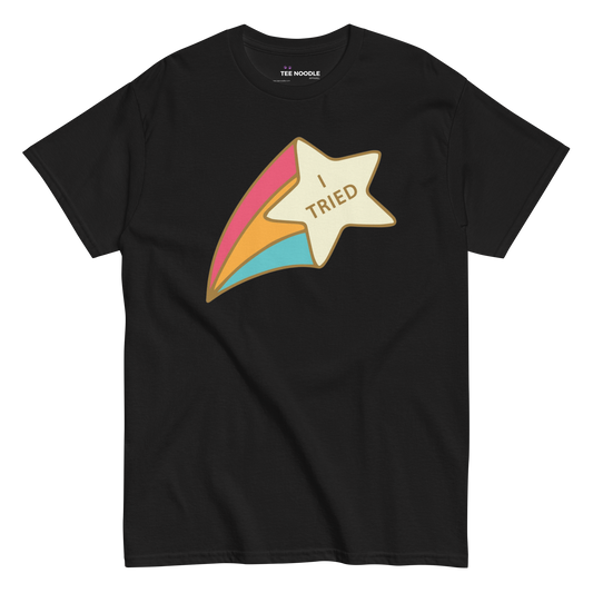 A black men's graphic t-shirt featuring a retro shooting star graphic with the text 'I Tried'.