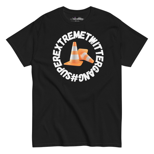 A black t-shirt featuring the ConeSec logo: the text '#SUPEREXTREMETWITTERGANG' surrounding two orange traffic cones.