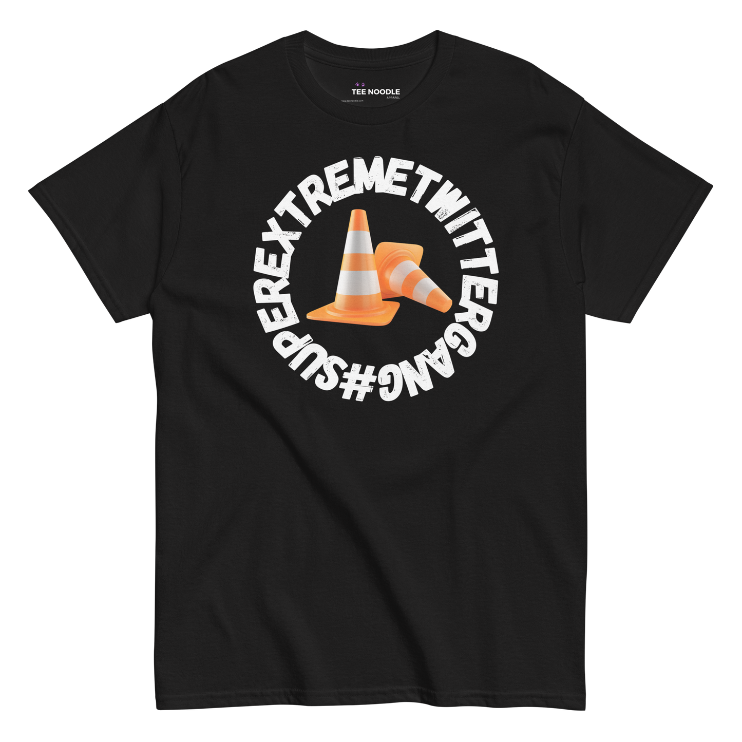 A black t-shirt featuring the ConeSec logo: the text '#SUPEREXTREMETWITTERGANG' surrounding two orange traffic cones.