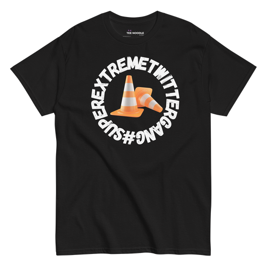 A black t-shirt featuring the ConeSec logo: the text '#SUPEREXTREMETWITTERGANG' surrounding two orange traffic cones.