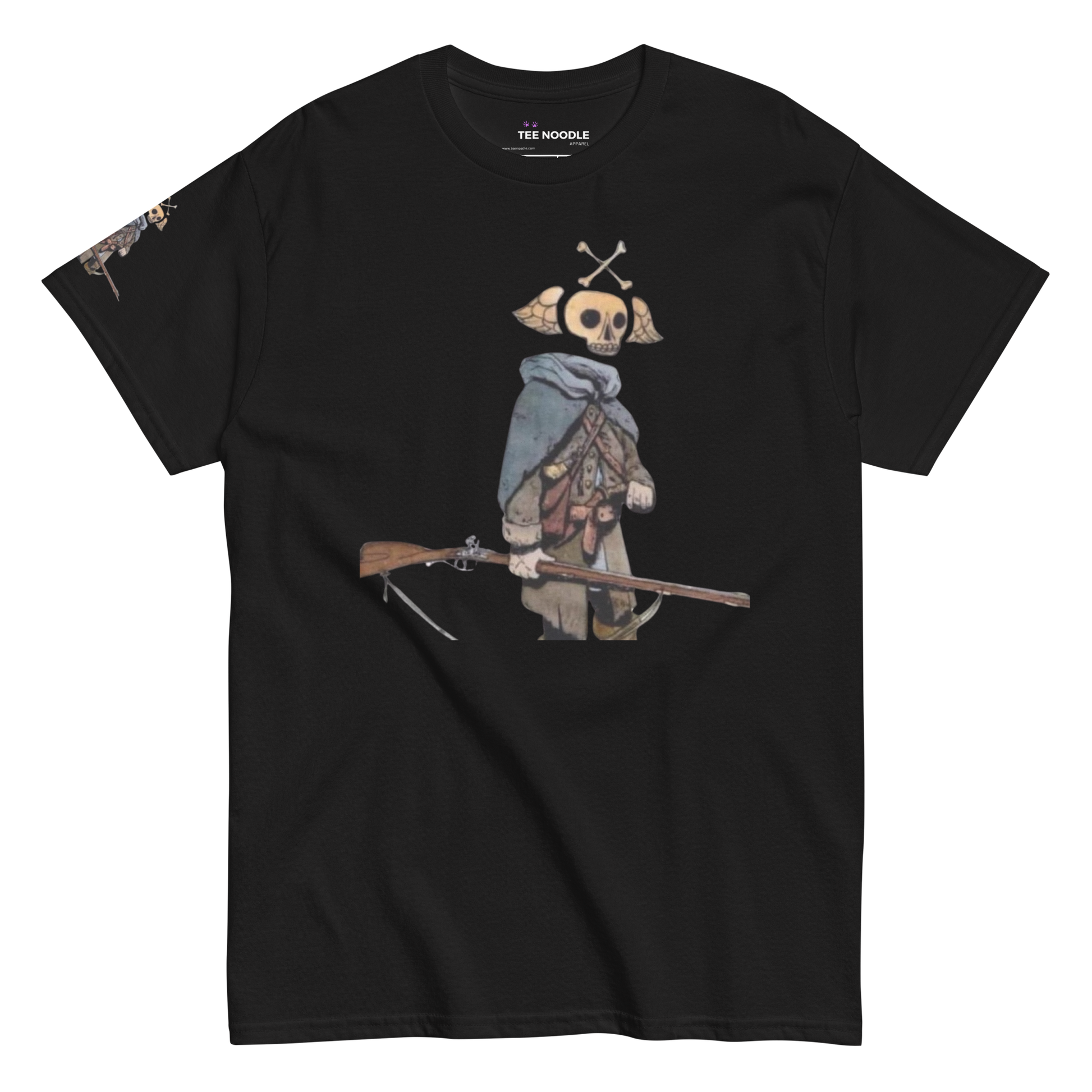 A black t-shirt featuring a vintage-style graphic in Revolutionary War frontier gear holding a rifle. The back features a quote from General Arnold about 'Shirt Tail Men' and their 'cursed twisted guns'.