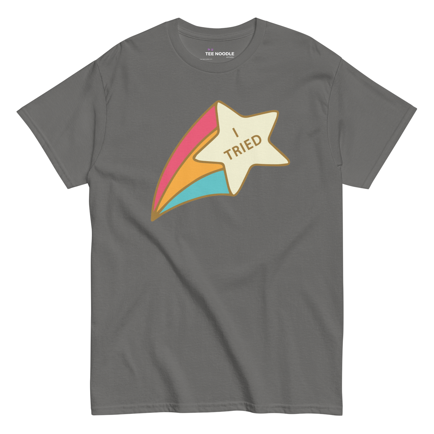 A charcoal men's graphic t-shirt featuring a retro shooting star graphic with the text 'I Tried'.