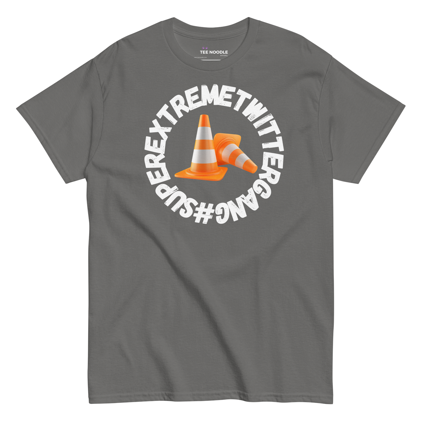 A charcoal t-shirt featuring the ConeSec logo: the text '#SUPEREXTREMETWITTERGANG' surrounding two orange traffic cones.