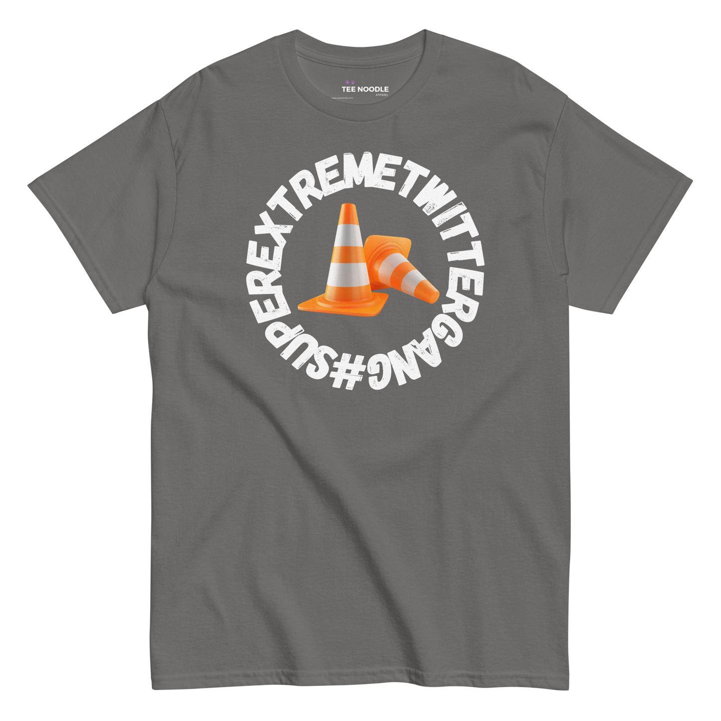 A charcoal t-shirt featuring the ConeSec logo: the text '#SUPEREXTREMETWITTERGANG' surrounding two orange traffic cones.