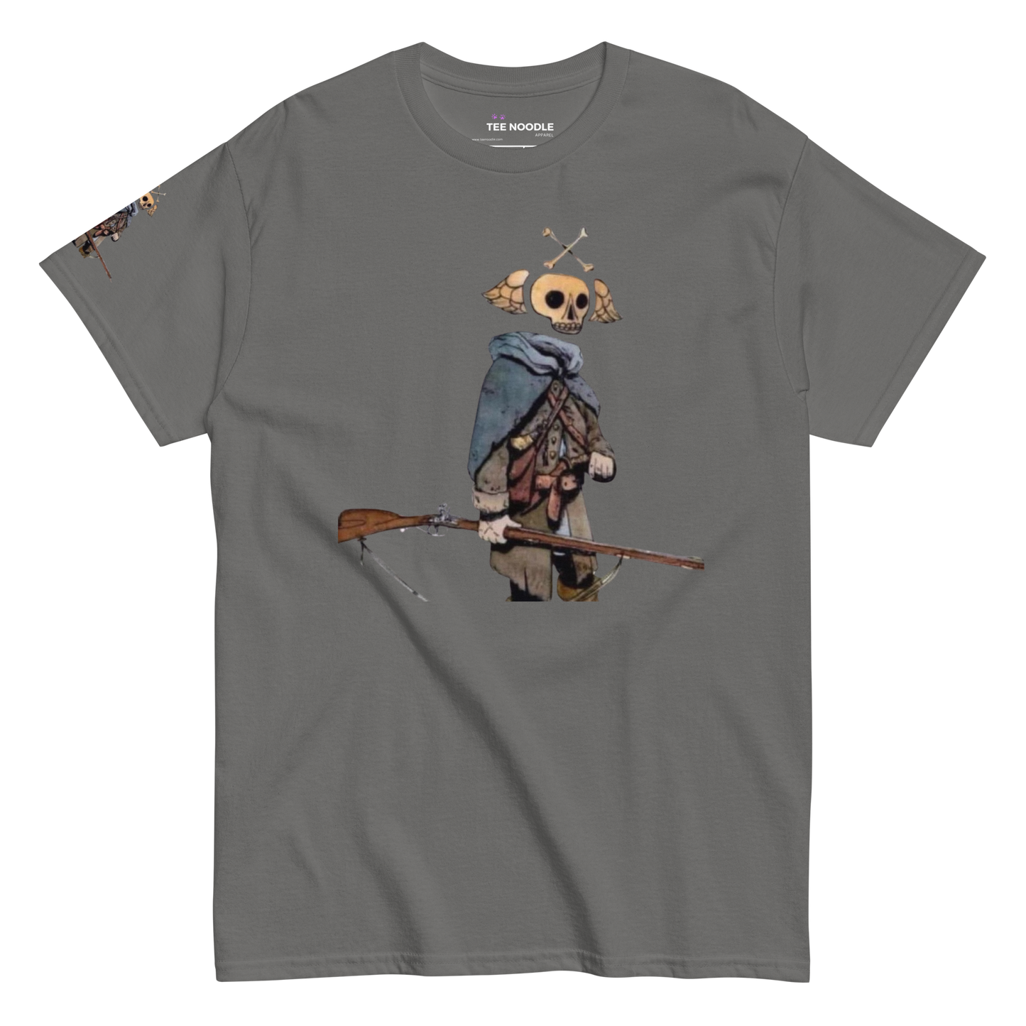 A charcoal t-shirt featuring a vintage-style graphic in Revolutionary War frontier gear holding a rifle. The back features a quote from General Arnold about 'Shirt Tail Men' and their 'cursed twisted guns'.