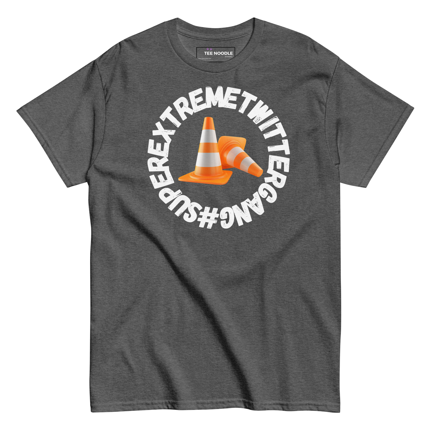 A dark heather t-shirt featuring the ConeSec logo: the text '#SUPEREXTREMETWITTERGANG' surrounding two orange traffic cones.
