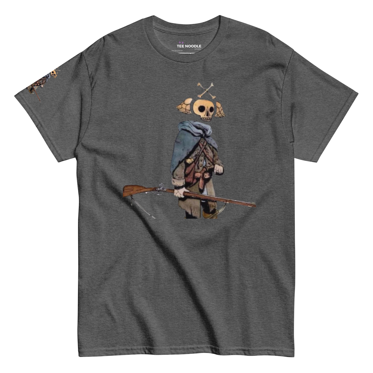 A dark heather t-shirt featuring a vintage-style graphic in Revolutionary War frontier gear holding a rifle. The back features a quote from General Arnold about 'Shirt Tail Men' and their 'cursed twisted guns'.