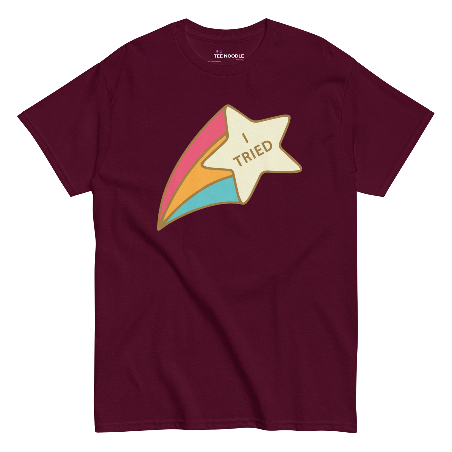 A maroon men's graphic t-shirt featuring a retro shooting star graphic with the text 'I Tried'.