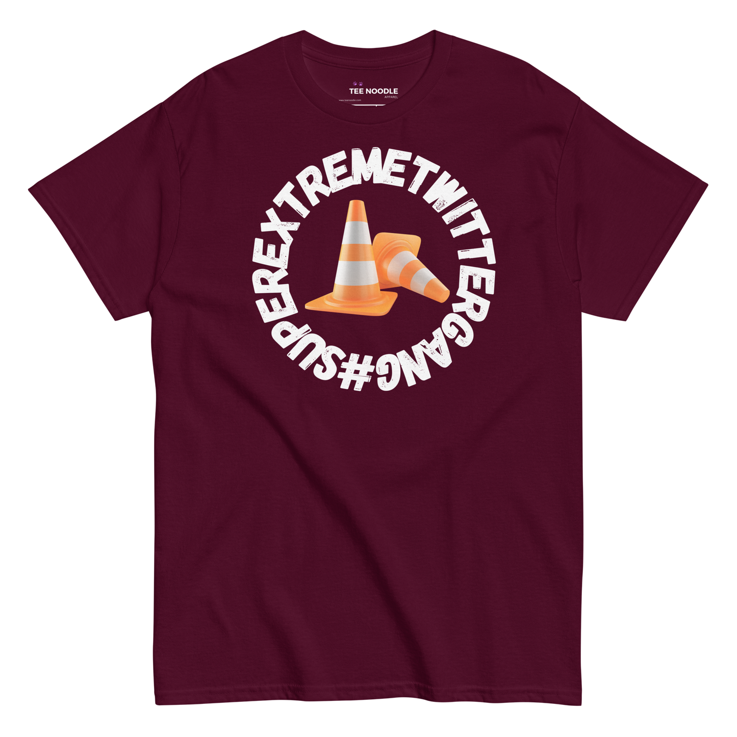 A maroon t-shirt featuring the ConeSec logo: the text '#SUPEREXTREMETWITTERGANG' surrounding two orange traffic cones.
