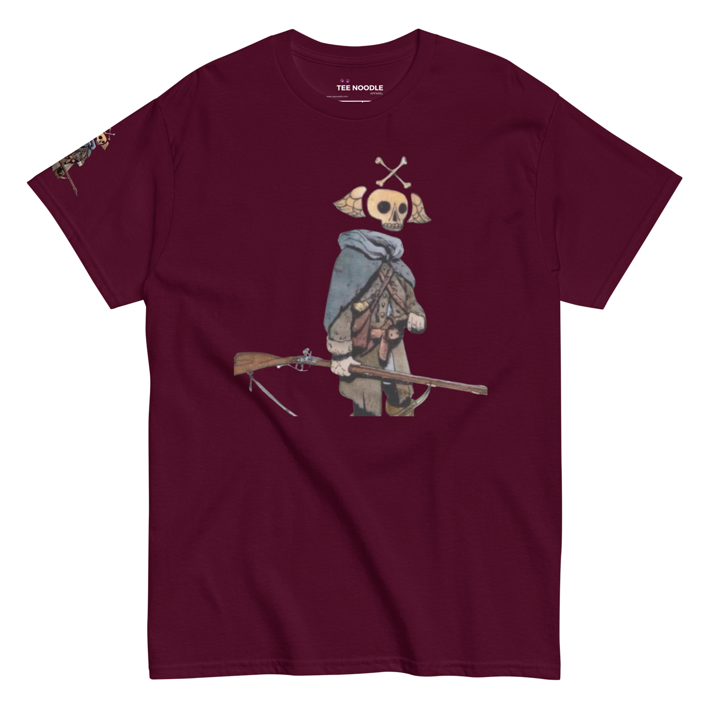 A maroon t-shirt featuring a vintage-style graphic in Revolutionary War frontier gear holding a rifle. The back features a quote from General Arnold about 'Shirt Tail Men' and their 'cursed twisted guns'.