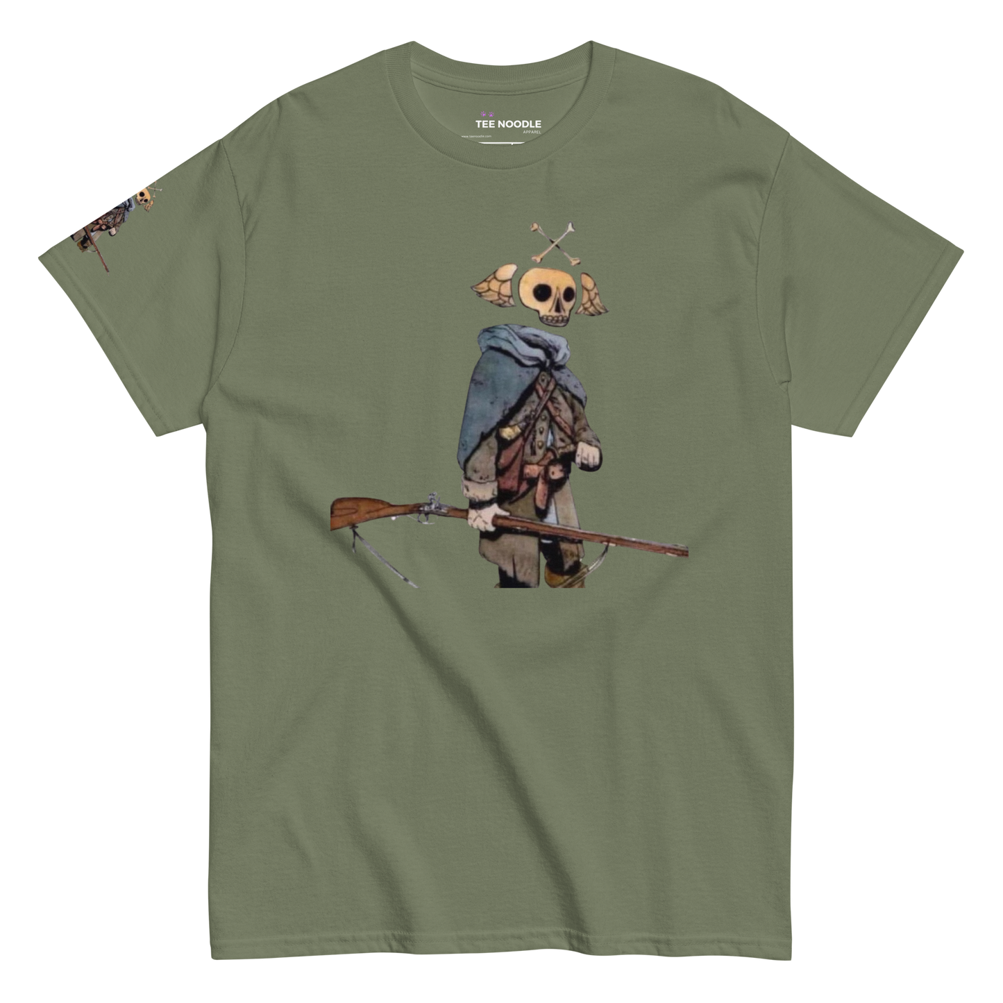A military green t-shirt featuring a vintage-style graphic in Revolutionary War frontier gear holding a rifle. The back features a quote from General Arnold about 'Shirt Tail Men' and their 'cursed twisted guns'.