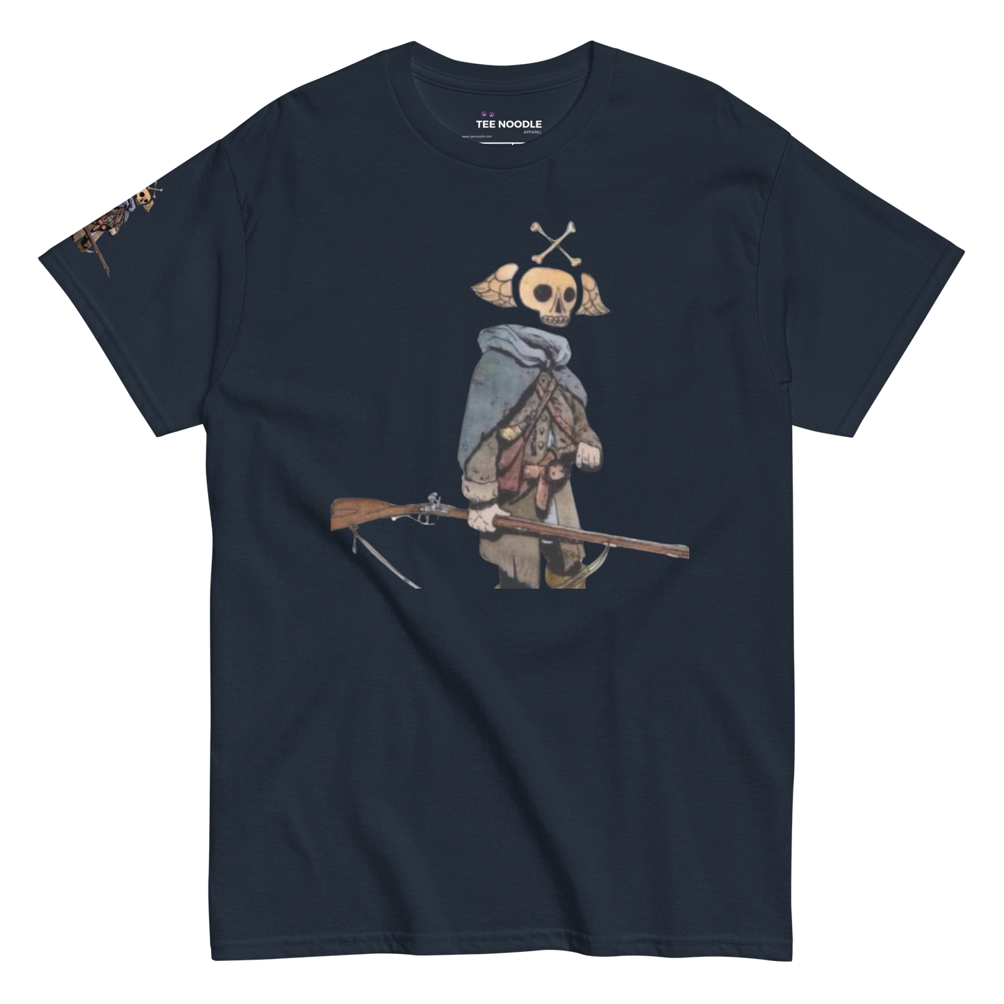 A navy t-shirt featuring a vintage-style graphic in Revolutionary War frontier gear holding a rifle. The back features a quote from General Arnold about 'Shirt Tail Men' and their 'cursed twisted guns'.
