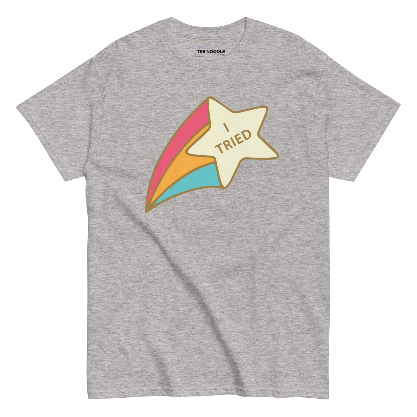 A sport grey men's graphic t-shirt featuring a retro shooting star graphic with the text 'I Tried'.