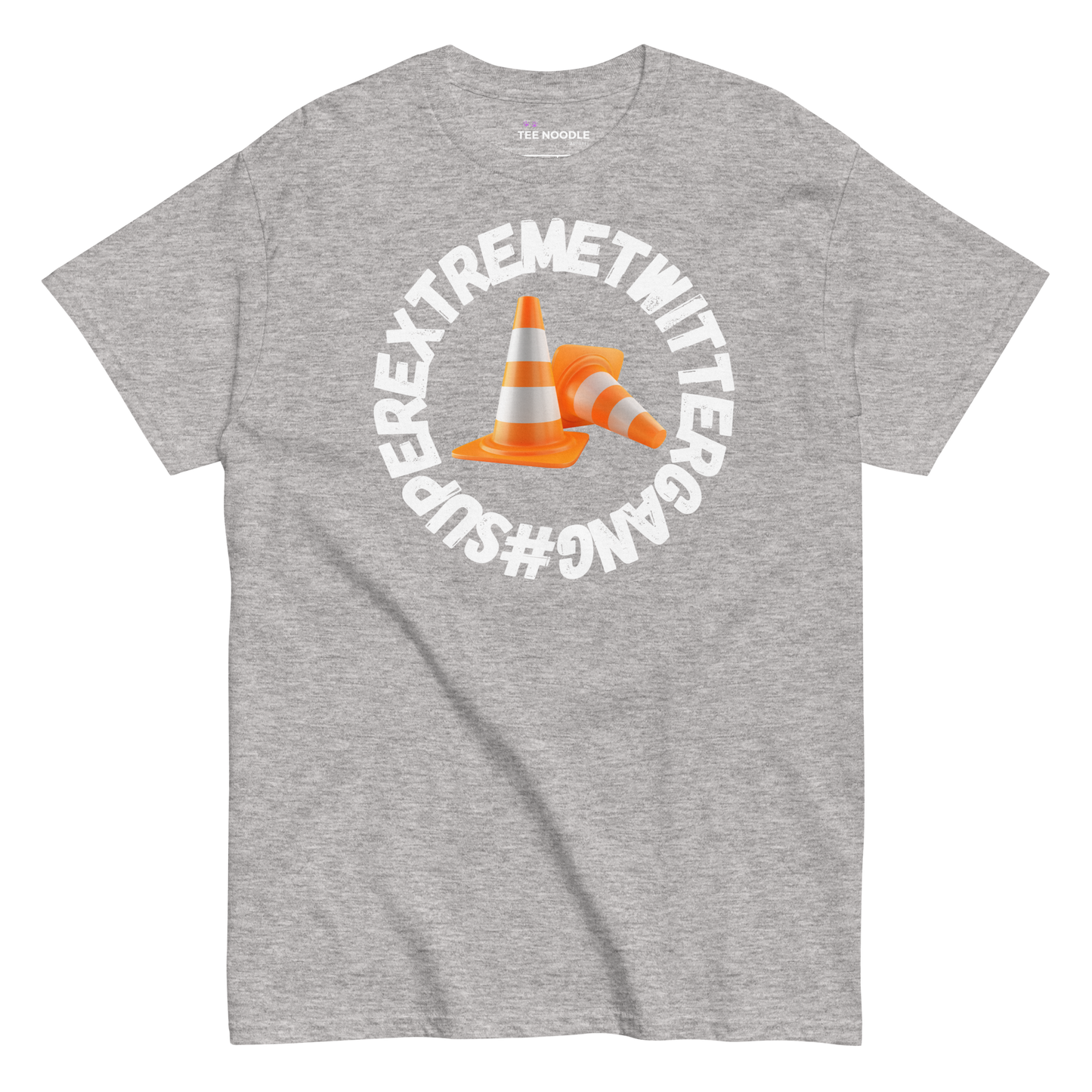 A sport grey t-shirt featuring the ConeSec logo: the text '#SUPEREXTREMETWITTERGANG' surrounding two orange traffic cones.
